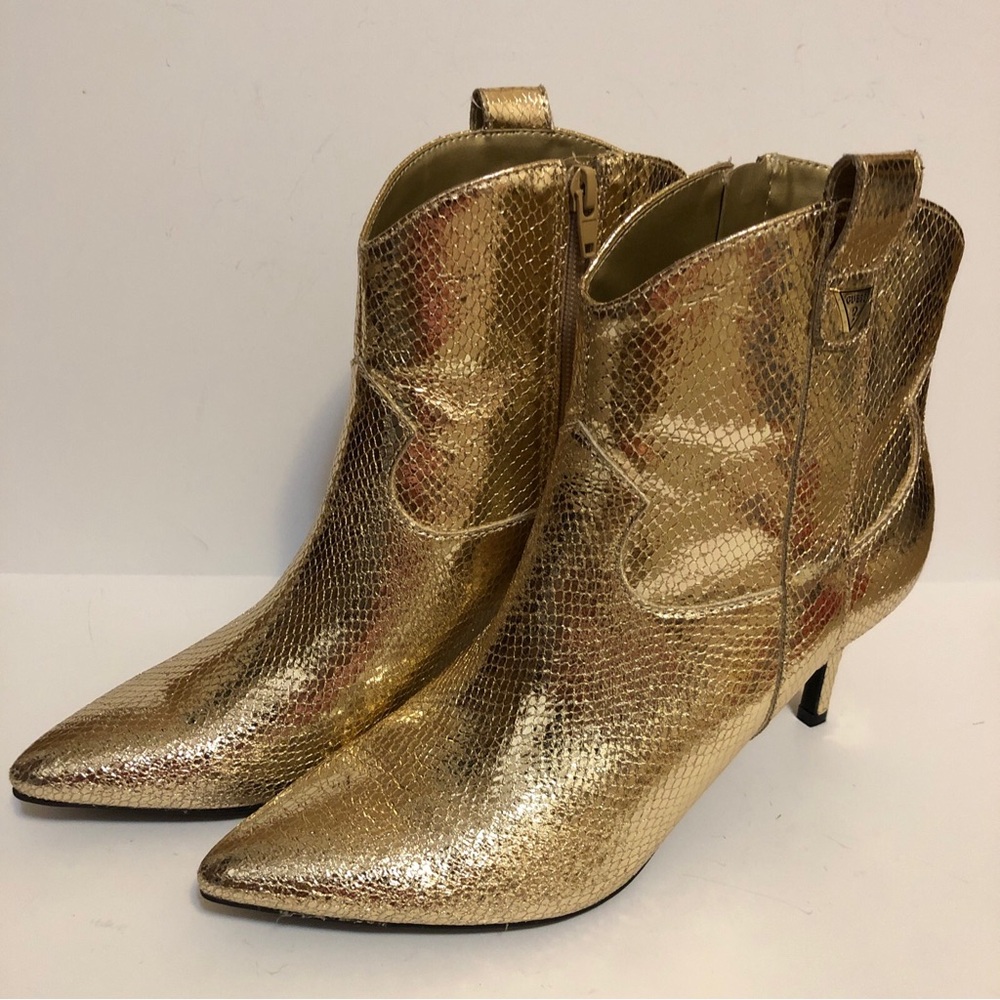 Guess Gold Metallic Womens  Booties Party Designer Shoes 3"Heel Snake Print .